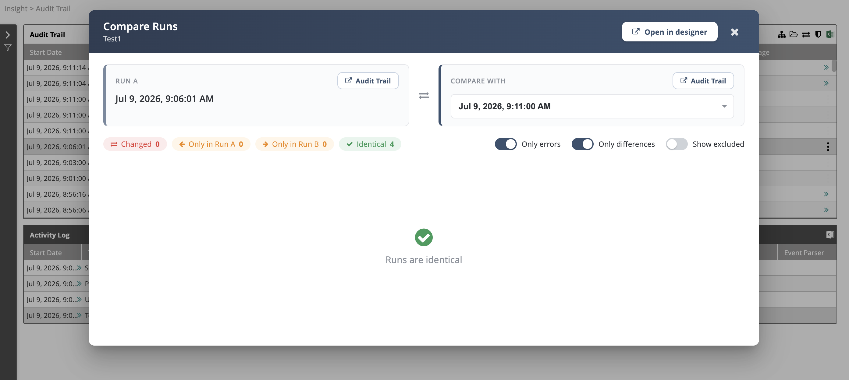 Popup Compare Runs